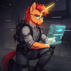 Size: 1024x1024 | Tagged: safe, ai content, derpibooru import, generator:google imagen 3.0, machine learning generated, prompter:zerowinger, sunburst, anthro, plantigrade anthro, unicorn, g4, backpack, clothes, computer screen, cosplay, costume, g.i. joe, gloves, glow, glowing horn, horn, image, indoors, jpeg, kneeling, mainframe, male, solo