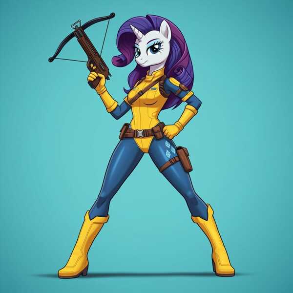 Size: 1024x1024 | Tagged: safe, ai content, derpibooru import, generator:google imagen 3.0, machine learning generated, prompter:zerowinger, rarity, anthro, plantigrade anthro, unicorn, g4, bodysuit, clothes, cosplay, costume, crossbow, female, g.i. joe, gradient background, hand on hip, horn, image, jpeg, scarlett, smiling, solo, weapon