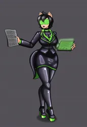 Size: 1140x1655 | Tagged: suggestive, artist:creatorworld, ponerpics import, oc, unofficial characters only, anthro, breasts, clipboard, female, hypnogear, image, jpeg, latex, latex boots, latex suit, solo