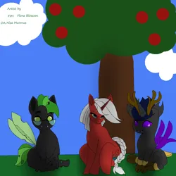 Size: 1000x1000 | Tagged: safe, artist:florablossomhq, derpibooru import, oc, unofficial characters only, changeling, earth pony, pony, apple, apple tree, braid, braided tail, food, free commission, image, png, tail, tree, trio