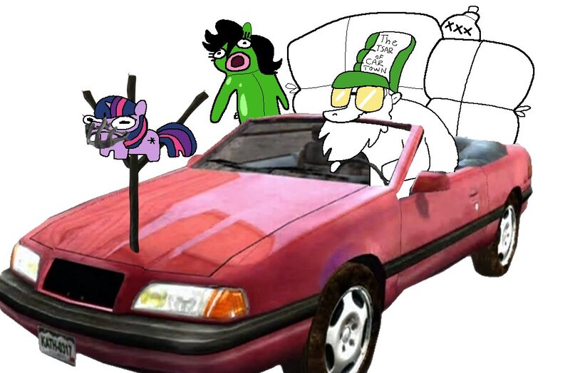 Size: 1094x717 | Tagged: safe, artist:jargon scott, derpibooru import, twilight sparkle, oc, oc:anon-mare, oc:jargon scott, earth pony, pony, unicorn, g4, blowup doll, cap, car, chrysler, chrysler lebaron, dead rising, driving, female, filly, filly twilight sparkle, foal, hat, horn, image, jpeg, mad max, male, squatpony, stallion, trucker hat, twiggie, video game reference, younger