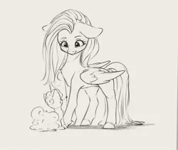 Size: 1273x1073 | Tagged: safe, artist:miokomata, derpibooru import, fluttershy, pegasus, pony, vulpix, g4, chest fluff, cute, female, floppy ears, freckles, freckleshy, grayscale, heart, image, jpeg, looking down, mare, monochrome, pokémon, shyabetes, sketch, solo, spoken heart