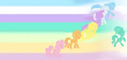 Size: 3000x1414 | Tagged: safe, artist:yourmcboy, derpibooru import, part of a set, applejack, fluttershy, pinkie pie, rainbow dash, rarity, sci-twi, sunset shimmer, twilight sparkle, ponified, pony, equestria girls, friendship through the ages, g4, alternate color palette, female, group, humane five, humane seven, humane six, image, lesbian, my little pony equestria girls: rainbow rocks, png, rainbow, rainbow rocks 10th anniversary, scene interpretation, shipping, sunsetsparkle