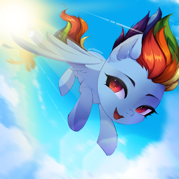 Size: 4000x4000 | Tagged: safe, artist:shavurrr, derpibooru import, rainbow dash, pegasus, pony, g4, air, cloud, cute, female, flying, image, jpeg, looking at each other, looking at someone, racing, sky, smiling, solo, sun, sunshine