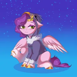 Size: 2000x2000 | Tagged: safe, artist:maxi_ponie, derpibooru import, pipp petals, pegasus, pony, g5, animal costume, bird costume, cheek fluff, clothes, costume, diadem, ear fluff, eyebrows, eyebrows visible through hair, eyeshadow, female, high res, image, jewelry, jpeg, lidded eyes, makeup, mare, regalia, sitting, smiling, solo, spread wings, unshorn fetlocks, wings