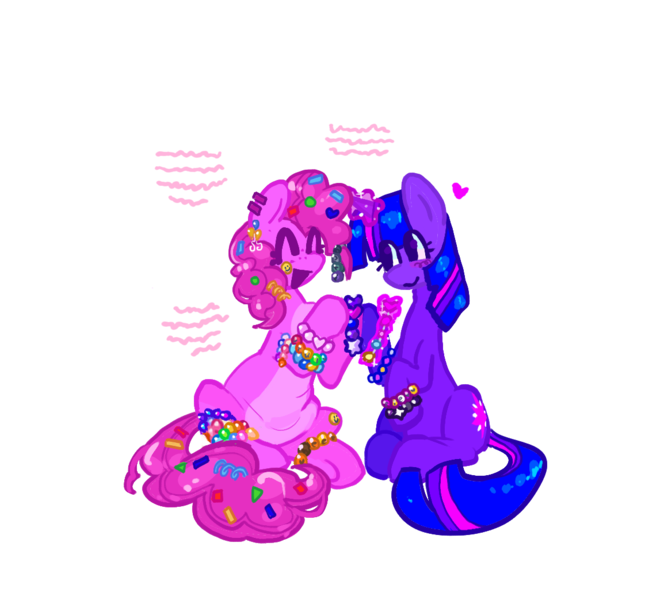 Size: 1154x1043 | Tagged: safe, artist:koidial, derpibooru import, pinkie pie, twilight sparkle, earth pony, pony, unicorn, g4, :>, alternate design, anklet, arrow, bangs, blush scribble, blush sticker, blushing, bracelet, colored belly, colored eyelashes, colored lineart, colorful, confetti in mane, confetti in tail, curly mane, curly tail, cutie mark accessory, cutie mark earrings, duo, duo female, ear piercing, earring, eye clipping through hair, eyelashes, eyes closed, female, floating heart, freckles, glow, glowing horn, hair accessory, heart, hoof hold, horn, image, jewelry, kandi, kandi bracelet, lesbian, looking at someone, magenta eyelashes, magic, mane accessory, mare, open mouth, open smile, pale belly, piercing, pink coat, pink mane, pink tail, png, purple blush, purple coat, purple eyelashes, purple eyes, raised hoof, raised hooves, requested art, saturated, scene, shiny mane, shiny tail, shipping, simple background, sitting, smiling, smiling at someone, speech bubble, sticker, straight mane, straight tail, swap, tail, talking, telekinesis, three quarter view, three toned mane, three toned tail, transparent background, twinkie, underhoof, unicorn twilight