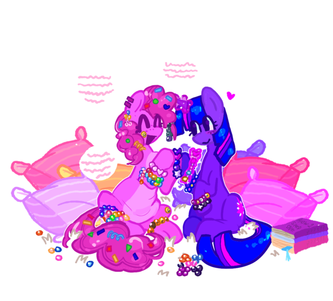 Size: 1154x1043 | Tagged: safe, alternate version, artist:koidial, derpibooru import, pinkie pie, twilight sparkle, earth pony, pony, unicorn, g4, :>, alternate design, anklet, arrow, bangs, beads, blush scribble, blush sticker, blushing, book, bracelet, carpet, colored belly, colored eyelashes, colored lineart, colorful, confetti in mane, confetti in tail, curly mane, curly tail, cutie mark accessory, cutie mark earrings, duo, duo female, ear piercing, earring, eye clipping through hair, eyelashes, eyes closed, female, floating heart, freckles, glow, glowing horn, hair accessory, heart, hoof hold, horn, image, indoors, jewelry, kandi, kandi bracelet, lesbian, looking at someone, magenta eyelashes, magic, mane accessory, mare, open mouth, open smile, outline, pale belly, piercing, pillow, pink coat, pink mane, pink tail, png, purple blush, purple coat, purple eyelashes, purple eyes, raised hoof, raised hooves, requested art, saturated, scene, shiny mane, shiny tail, shipping, signature, simple background, sitting, sleepover, smiling, smiling at someone, speech bubble, sticker, straight mane, straight tail, swap, tail, talking, telekinesis, three quarter view, three toned mane, three toned tail, transparent background, twinkie, underhoof, unicorn twilight