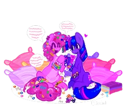 Size: 1154x1043 | Tagged: safe, alternate version, artist:koidial, derpibooru import, pinkie pie, twilight sparkle, earth pony, pony, unicorn, g4, :>, alternate design, anklet, arrow, bangs, beads, blush scribble, blush sticker, blushing, book, bracelet, carpet, colored belly, colored eyelashes, colored lineart, colorful, confetti in mane, confetti in tail, curly mane, curly tail, cutie mark accessory, cutie mark earrings, duo, duo female, ear piercing, earring, eye clipping through hair, eyelashes, eyes closed, female, floating heart, freckles, glow, glowing horn, hair accessory, heart, hoof hold, horn, image, indoors, jewelry, kandi, kandi bracelet, lesbian, looking at someone, magenta eyelashes, magic, mane accessory, mare, open mouth, open smile, outline, pale belly, piercing, pillow, pink coat, pink mane, pink tail, png, purple blush, purple coat, purple eyelashes, purple eyes, raised hoof, raised hooves, requested art, saturated, scene, shiny mane, shiny tail, shipping, signature, simple background, sitting, sleepover, smiling, smiling at someone, speech bubble, sticker, straight mane, straight tail, swap, tail, talking, telekinesis, three quarter view, three toned mane, three toned tail, transparent background, twinkie, underhoof, unicorn twilight