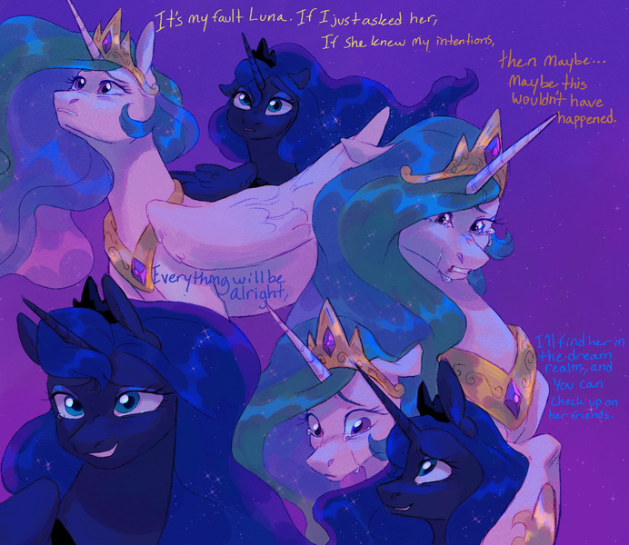 Size: 1500x1300 | Tagged: safe, artist:abbytabbys, derpibooru import, princess celestia, princess luna, alicorn, pony, g4, alternate universe, blue coat, blue eyes, blue mane, blue pupils, blue text, colored eyebrows, colored pupils, crown, crying, description is relevant, dialogue, duo, duo female, ethereal mane, eyelashes, eyeshadow, female, folded wings, frown, gradient background, horn, image, implied twilight sparkle, jewelry, jpeg, large wings, lidded eyes, long horn, long mane, looking at each other, looking at someone, looking up, makeup, mare, multicolored mane, open frown, open mouth, open smile, orange text, peytral, profile, purple eyes, purple eyeshadow, purple pupils, regalia, sad, shiny mane, smiling, smiling at someone, talking, tall ears, three quarter view, tiara, unicorn horn, wavy mane, white coat, wings, yellow text