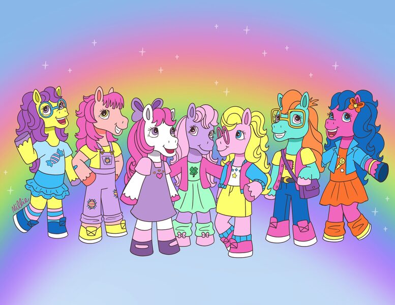 Size: 2560x1978 | Tagged: safe, artist:milliedubois, derpibooru import, bon bon (g1), bright eyes, clover (g1), melody, patch (g1), starlight (g1), sweetheart, earth pony, pony, semi-anthro, g1, my little pony tales, 7 pony friends, female, image, jpeg, mare, rainbow, rainbow background