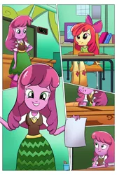 Size: 2520x3780 | Tagged: safe, artist:chaika70, derpibooru import, apple bloom, cheerilee, human, equestria girls, g4, classroom, clothes, comic, desk, digital art, digital clock, duo, image, jpeg, paper, pen, smiling