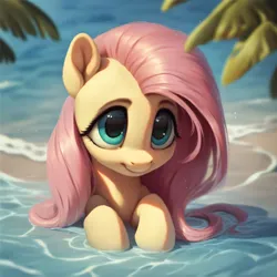 Size: 4096x4096 | Tagged: safe, ai content, derpibooru import, machine learning assisted, machine learning generated, stable diffusion, fluttershy, pegasus, pony, g4, beach, big eyes, cute, generator:purplesmart.ai, green eyes, image, long hair, looking at you, pink hair, png, prompter:saltyvity, smiling, smiling at you, solo, water