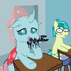 Size: 1920x1920 | Tagged: safe, artist:_butterscotch, derpibooru import, ocellus, sandbar, beetle, changeling, earth pony, insect, pony, desk, image, png, simple background, stool