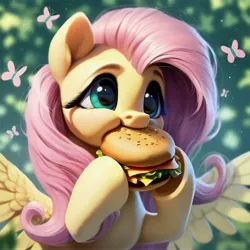 Size: 4096x4096 | Tagged: safe, ai content, derpibooru import, machine learning assisted, machine learning generated, stable diffusion, fluttershy, butterfly, insect, pegasus, pony, g4, big eyes, blushing, burger, detailed hair, eating, food, funny, green background, green eyes, happy, image, jpeg, long hair, pink mane, prompter:saltyvity, simple background, smiling, solo