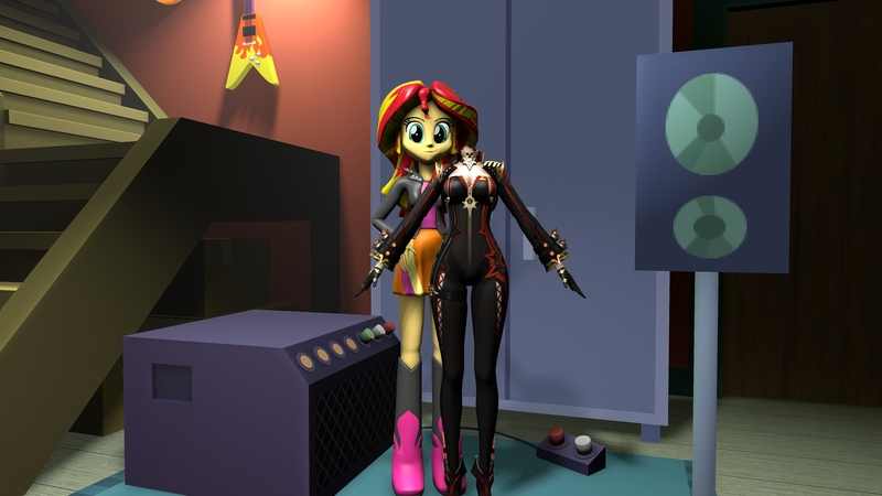 Size: 3840x2160 | Tagged: safe, artist:wissle, derpibooru import, sunset shimmer, equestria girls, g4, 3d, clothes, cosplay, costume, electric guitar, female, genshin impact, guitar, happy, high res, image, jpeg, looking at you, mannequin, mavuika (genshin impact), musical instrument, rainbow rocks 10th anniversary, smiling, solo, source filmmaker, speaker, stairs, sunset's apartment