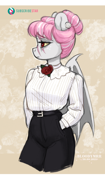 Size: 1953x3360 | Tagged: safe, artist:bloodymrr, derpibooru import, oc, anthro, bat pony, human, anthro oc, blouse, bowtie, eye scar, facial scar, female, flower, freckles, hair bun, hand in pocket, humanized, image, lidded eyes, necktie, png, red eyes, rose, scar, spread wings, tired, wings