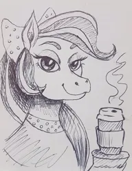 Size: 640x832 | Tagged: safe, artist:neohexane, derpibooru import, horse, pony, bandana, black and white, chocolate, cocoa (wild manes), cup, drawing, female, food, grayscale, holding, hot chocolate, image, jpeg, lidded eyes, mare, monochrome, simple background, smiling, solo, white background, wild manes