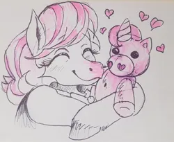 Size: 640x524 | Tagged: safe, artist:neohexane, derpibooru import, horse, pony, unicorn, candi (wild manes), cuddling, drawing, female, floating heart, heart, horn, horse plushie, image, jpeg, mare, plushie, simple background, smiling, solo, sugar hoof (wild manes), white background, wild manes