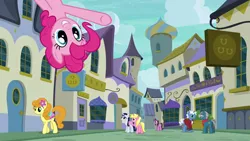 Size: 1280x720 | Tagged: safe, derpibooru import, screencap, carrot top, fashion plate, golden harvest, lily love, moonlight raven, pinkie pie, pokey pierce, sunshine smiles, pony, g4, spice up your life, canterlot, image, png