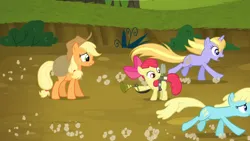 Size: 1366x768 | Tagged: safe, derpibooru import, screencap, apple bloom, applejack, ballad, sassaflash, pony, g4, bloom & gloom, image, png