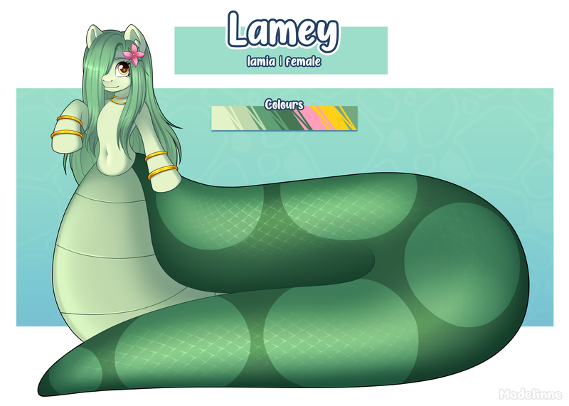 Size: 3000x2142 | Tagged: safe, artist:madelinne, derpibooru import, oc, oc:lamey, unofficial characters only, lamia, original species, pony, female, flower, flower in hair, hair covering face, image, jewelry, long hair, looking at you, mare, png, scales, solo