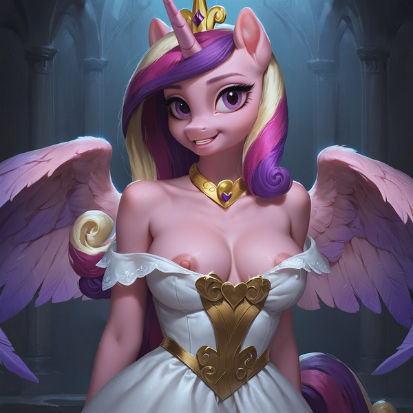 Size: 1024x1024 | Tagged: questionable, ai content, derpibooru import, machine learning generated, prompter:davshell, stable diffusion, princess cadance, alicorn, anthro, g4, areola, areola slip, breasts, clothes, crown, dress, female, generator:pony diffusion v6 xl, horn, image, jewelry, looking at you, necklace, nipple slip, nipples, nudity, oblivious, png, regalia, smiling, smiling at you, solo, solo female, spread wings, tiara, wardrobe malfunction, wings