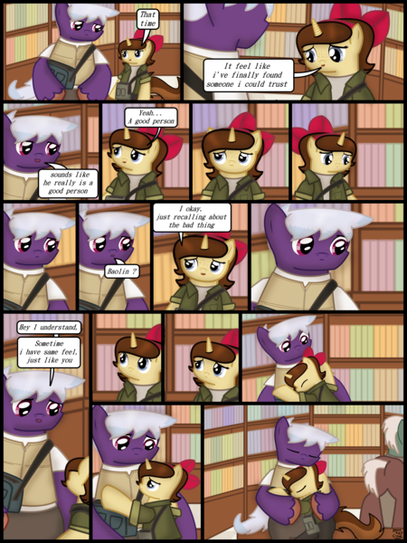 Size: 1750x2333 | Tagged: safe, artist:99999999000, derpibooru import, oc, oc:firearm king, oc:mar baolin, unofficial characters only, earth pony, unicorn, comic:affection, book, comic, duo, female, horn, hug, image, male, png