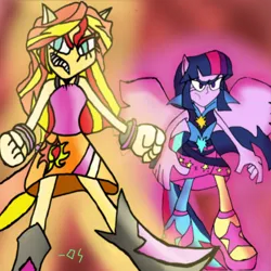 Size: 736x736 | Tagged: safe, derpibooru import, sunset shimmer, twilight sparkle, equestria girls, g4, duo, duo female, female, image, my little pony equestria girls: rainbow rocks, png, ponied up, rainbow rocks 10th anniversary, red sky, redraw, welcome to the show