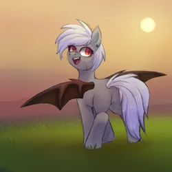 Size: 1280x1280 | Tagged: safe, derpibooru import, oc, unofficial characters only, bat pony, pony, fangs, female, full body, grass, gray coat, horizons, image, language, photo, png, scar, simple background, sky, smiling, sun