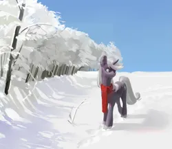 Size: 2631x2280 | Tagged: safe, artist:yanisfucker, derpibooru import, oc, unofficial characters only, pony, unicorn, clothes, cutie mark, forest, high res, horn, image, nature, png, scarf, scenery, sky, smiling, snow, solo, tree, walking, winter