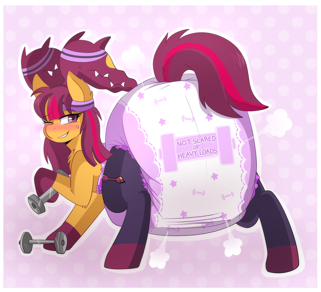 Size: 1684x1530 | Tagged: suggestive, artist:jupiters, derpibooru import, oc, oc:awil, ponified, unofficial characters only, mawile, pony, abstract background, air pushed out of diaper, chest fluff, colored hooves, dexterous hooves, diaper, diaper fetish, eyebrows, female, female oc, fetish, headband, hoof hold, hooves, image, impossibly large diaper, looking at you, looking back, looking back at you, mare, mare oc, non-baby in diaper, one eye closed, outline, png, pokémon, poofy diaper, raised eyebrow, raised hoof, rear view, smiling, solo, sweat, sweatdrop, tail, training, two toned mane, two toned tail, weights, white outline