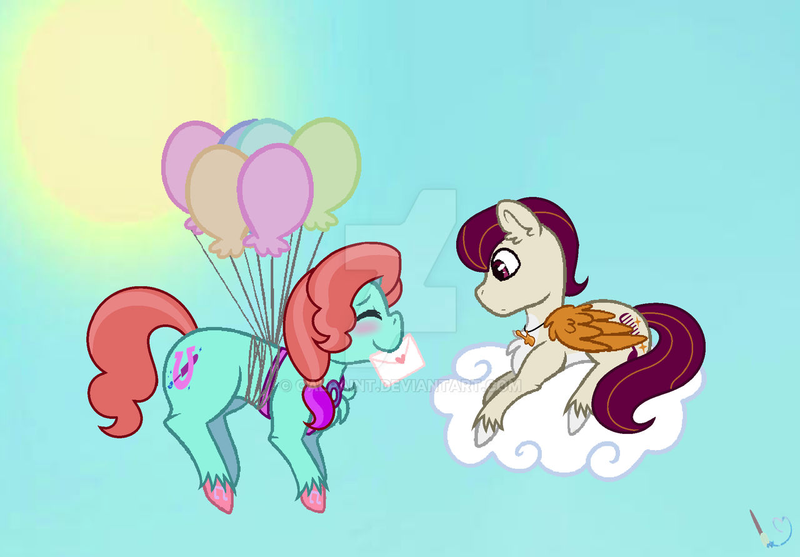 Size: 1280x891 | Tagged: safe, artist:galpaint, derpibooru import, rocky riff, earth pony, pegasus, pony, g5, balloon, base used, blushing, cloud, deviantart watermark, duo, duo male and female, eyes closed, female, flying, image, jazz hooves, letter, love letter, male, mare, obtrusive watermark, png, ship:rockjazz, shipping, sky, stallion, straight, sun, watermark