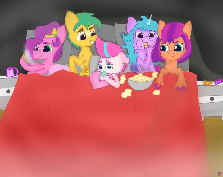 Size: 1080x856 | Tagged: safe, artist:heart k art, derpibooru import, hitch trailblazer, izzy moonbow, pipp petals, sunny starscout, zipp storm, earth pony, pegasus, pony, unicorn, g5, bed, blanket, bowl, cup, eating, female, food, group photo, heart, heart pillow, horn, image, jpeg, mane five, mare, mobile phone, phone, pillow, popcorn, scared, sleepover, smartphone, watching tv