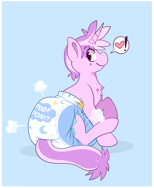 Size: 900x1100 | Tagged: suggestive, artist:jupiters, derpibooru import, oc, unofficial characters only, pony, unicorn, air pushed out of diaper, chest fluff, crescent moon, diaper, diaper fetish, exclamation point, eyebrows, fetish, heart, horn, image, looking back, male, male oc, moon, non-baby in diaper, png, poofy diaper, raised hoof, sitting, smiling, solo, speech bubble, stallion, stallion oc, tail, two toned mane, two toned tail, unicorn oc