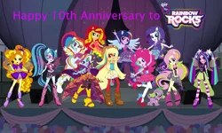 Size: 2043x1226 | Tagged: safe, artist:epiccartoonsfan, artist:matrixchicken, artist:sugar-loop, artist:user15432, derpibooru import, adagio dazzle, applejack, aria blaze, fluttershy, pinkie pie, rainbow dash, rarity, sonata dusk, spike, sunset shimmer, trixie, twilight sparkle, twilight sparkle (alicorn), alicorn, dog, human, equestria girls, g4, rainbow rocks, anniversary, clothes, cowboy hat, equestria girls logo, hat, image, looking at you, microphone, my little pony equestria girls: rainbow rocks, my little pony logo, pegasus wings, png, ponied up, pony ears, rainbow rocks 10th anniversary, rainbow rocks outfit, smiling, smiling at you, spike the dog, stage, the dazzlings, the rainbooms, wings