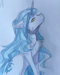 Size: 851x1068 | Tagged: safe, artist:illustra, derpibooru import, oc, oc:aqua, unofficial characters only, pony, unicorn, chest fluff, ear fluff, female, female oc, floppy ears, horn, image, jpeg, looking at you, mare, mare oc, marker drawing, side view, simple background, sketch, traditional art, unicorn oc