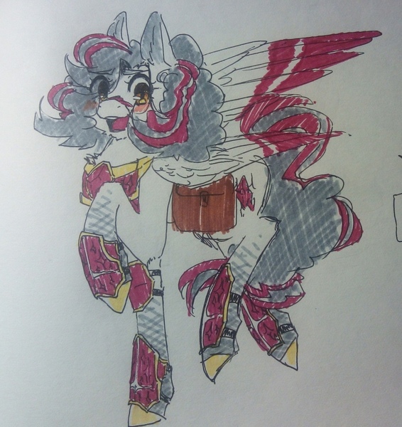 Size: 1018x1080 | Tagged: oc name needed, safe, artist:illustra, derpibooru import, oc, unofficial characters only, pegasus, pony, bag, bust, clothes, colored hooves, colored wings, eye clipping through hair, eyebrows, eyebrows visible through hair, female, female oc, hooves, image, jpeg, looking at you, mare, mare oc, marker drawing, one wing out, open mouth, open smile, pegasus oc, peytral, raised hoof, saddle bag, side view, simple background, smiling, traditional art, two toned mane, two toned wings, wings