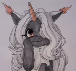 Size: 1149x1080 | Tagged: safe, artist:illustra, derpibooru import, oc, unofficial characters only, pony, unicorn, bust, chest fluff, ear tufts, eyebrows, eyebrows visible through hair, female, female oc, floppy ears, hair over one eye, horn, image, jpeg, looking at you, mare oc, marker drawing, raised hoof, simple background, smiling, solo, traditional art, two toned ears, unicorn oc, unshorn fetlocks