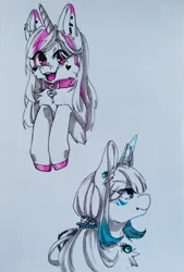 Size: 731x1080 | Tagged: oc name needed, safe, artist:illustra, derpibooru import, oc, unofficial characters only, pony, bust, chest fluff, choker, colored ears, colored hooves, duo, duo female, ear fluff, ear piercing, eye clipping through hair, eyebrows, eyebrows visible through hair, female, female oc, floppy ears, glow, glowing horn, heart, hooves, horn, image, jewelry, jpeg, looking at you, looking away, mare, mare oc, marker drawing, necklace, open mouth, open smile, piercing, profile, simple background, sketch, smiling, traditional art, two toned mane, unshorn fetlocks