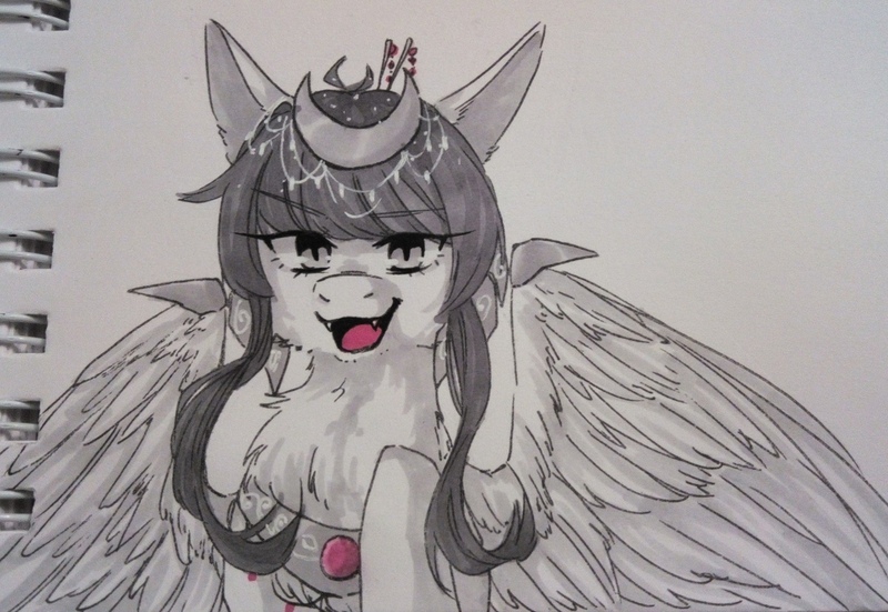 Size: 1280x881 | Tagged: oc name needed, safe, artist:illustra, derpibooru import, oc, unofficial characters only, pegasus, pony, bust, chest fluff, clothes, diadem, eyebrows, eyebrows visible through hair, fangs, female, female oc, image, jewelry, jpeg, looking at you, mare, mare oc, marker drawing, notebook, open mouth, open smile, pegasus oc, peytral, raised hoof, regalia, simple background, smiling, spread wings, traditional art, wings