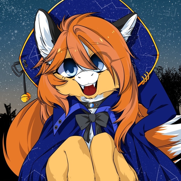 Size: 1080x1080 | Tagged: oc name needed, safe, alternate version, artist:illustra, derpibooru import, oc, unofficial characters only, fox, fox pony, hybrid, bow, bust, choker, clothes, commission, constellation, ear fluff, eye clipping through hair, eyebrows, eyebrows visible through hair, fangs, female, female oc, floppy ears, happy, hat, image, jpeg, looking at you, mare oc, night, open mouth, outdoors, robe, ych result