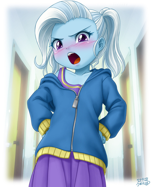 Size: 969x1200 | Tagged: safe, artist:uotapo, derpibooru import, trixie, human, equestria girls, g4, age regression, anime style, blushing, clothes, female, hoodie, image, jpeg, looking at you, open mouth, oversized clothes, shirt, skirt, solo, younger