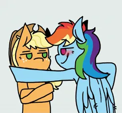 Size: 1325x1223 | Tagged: safe, derpibooru import, applejack, rainbow dash, earth pony, pegasus, pony, appledash, applejack is not amused, blushing, crossed arms, female, flirting, hey you, image, jpeg, lesbian, shipping, smiling, smirk, unamused