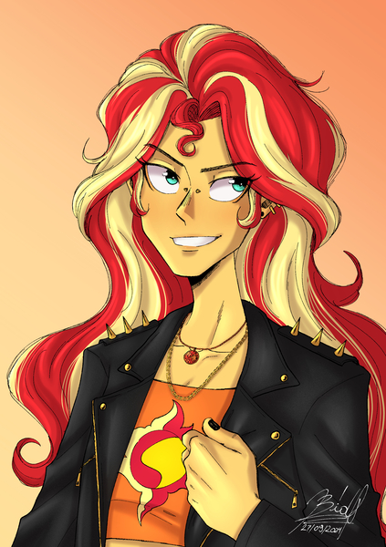 Size: 2039x2894 | Tagged: safe, artist:bidzinha, derpibooru import, sunset shimmer, equestria girls, g4, clothes, ear piercing, geode of empathy, grin, image, jacket, jewelry, jpeg, leather, leather jacket, looking sideways, magical geodes, nail polish, necklace, piercing, short shirt, smiling, solo