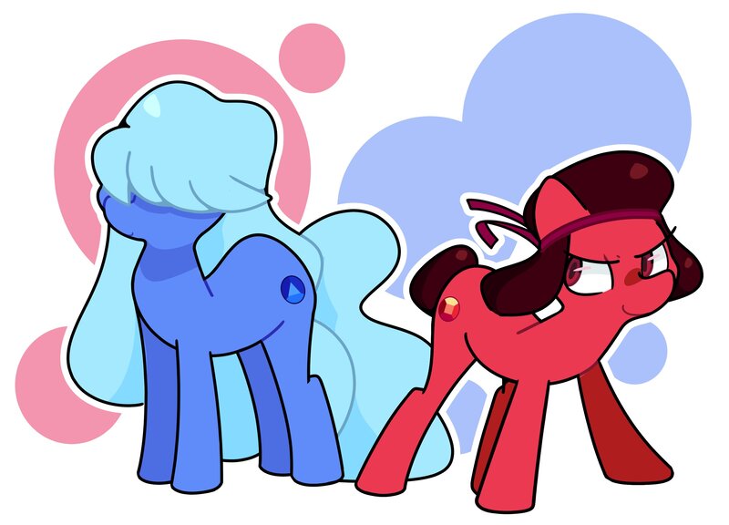 Size: 3140x2261 | Tagged: safe, artist:kindakismet, derpibooru import, ponified, earth pony, pony, abstract background, duo, hair over eyes, headband, image, jpeg, ruby (steven universe), sapphire (steven universe), steven universe