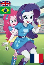 Size: 832x1216 | Tagged: safe, ai content, derpibooru import, machine learning generated, prompter:coldgirls1, pinkie pie, rarity, human, equestria girls, g4, athlete, brazil, female, flag, football, france, image, jpeg, sports, united kingdom