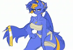 Size: 2775x1911 | Tagged: suggestive, artist:tombstonie, derpibooru import, oc, oc:shina, unofficial characters only, anthro, pegasus, athletic, blue skin, female, image, jpeg, looking at you, multicolored hair, muscles, muscular female, sexy, simple background, smiling, thighs, thunder thighs, tube top, white background, wide hips, wrapping