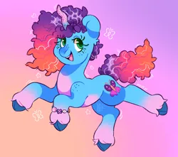 Size: 2048x1809 | Tagged: safe, artist:cocopudu, derpibooru import, pony, unicorn, g5, blue coat, blue hooves, bracelet, cloven hooves, colored hooves, colored horn, colored pupils, curly mane, curly tail, emanata, eye clipping through hair, eyebrows, eyebrows visible through hair, female, floating heart, freckles, gradient background, gradient horn, gradient legs, gradient mane, gradient tail, green eyes, green pupils, heart, hooves, horn, image, jewelry, looking back, mare, misty brightdawn, motion lines, multicolored mane, multicolored tail, open mouth, open smile, png, rebirth misty, shoulder freckles, signature, smiling, solo, stars, tail, three quarter view, unicorn horn, unshorn fetlocks