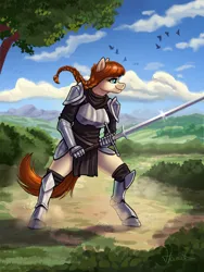 Size: 3000x4000 | Tagged: safe, artist:helmie-art, derpibooru import, oc, oc:dusty heartwood, unofficial characters only, anthro, unguligrade anthro, armor, braid, female, greaves, image, pauldron, png, scenery, smiling, solo, sword, tassets, tree, unconvincing armor, vambrace, weapon, zweihander