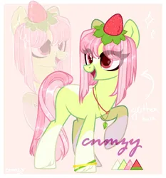 Size: 1006x1080 | Tagged: safe, derpibooru import, oc, unofficial characters only, earth pony, pony, g4, adoptable, adoptable open, auction, auction open, cute, female, food, for sale, green skin, happy, image, jpeg, light skin, pink hair, red eyes, smiling, solo, strawberry, tail